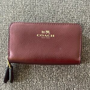 Coach Crossgrain Leather Mini Double Zip Coin Card Case Wallet • Burgandy